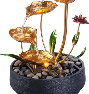 Tabletop Fountain Metal Lotus Circulating Fountain Water Feature for Zen Home Decor Warm Yellow Scene Light (23034)