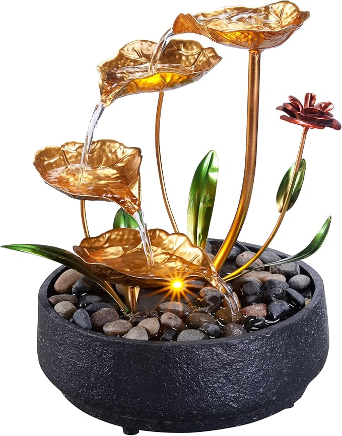 Tabletop Fountain Metal Lotus Circulating Fountain Water Feature for Zen Home Decor Warm Yellow Scene Light (23034)
